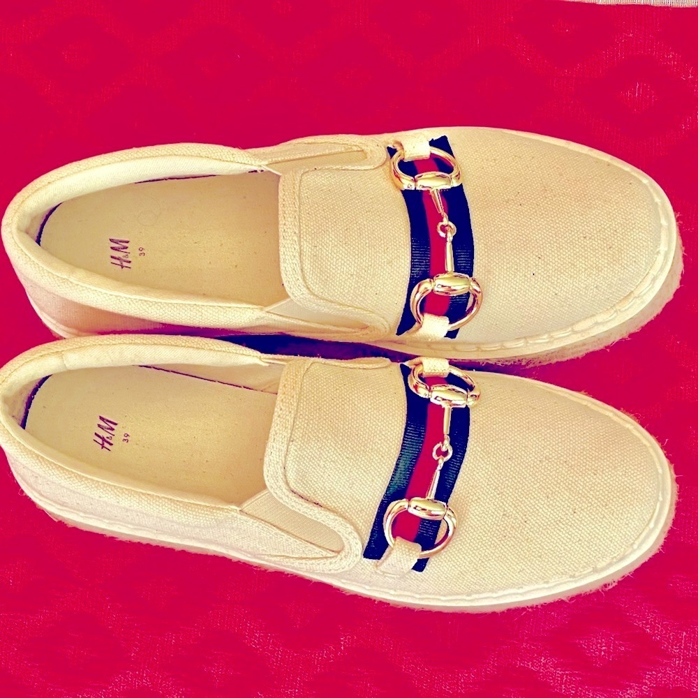 H&M Cream Slip-On Loafers with Gold Accents
